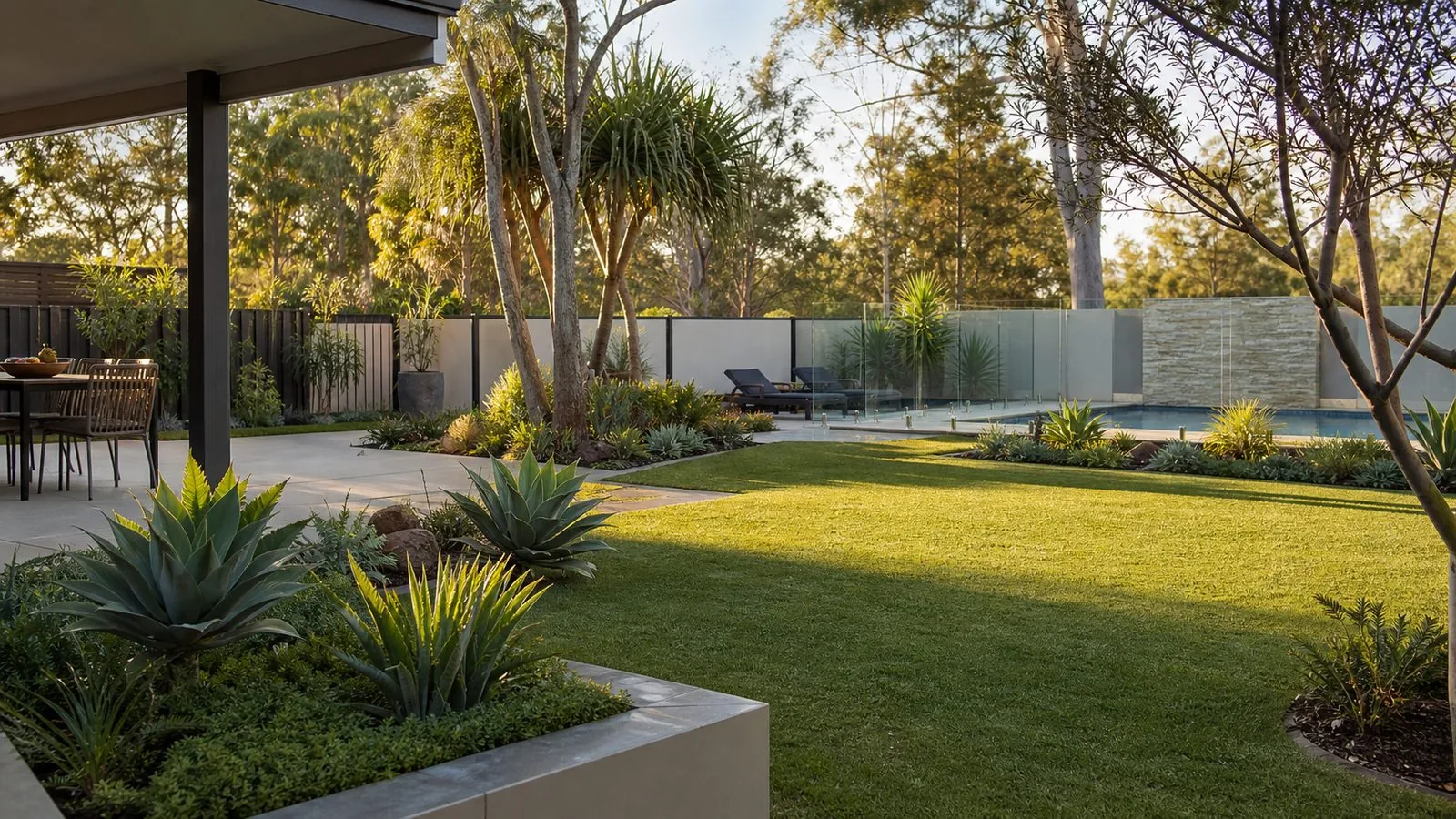 Illustrative garden with a lawn, planted borders and paved paths beside an outdoor seating area